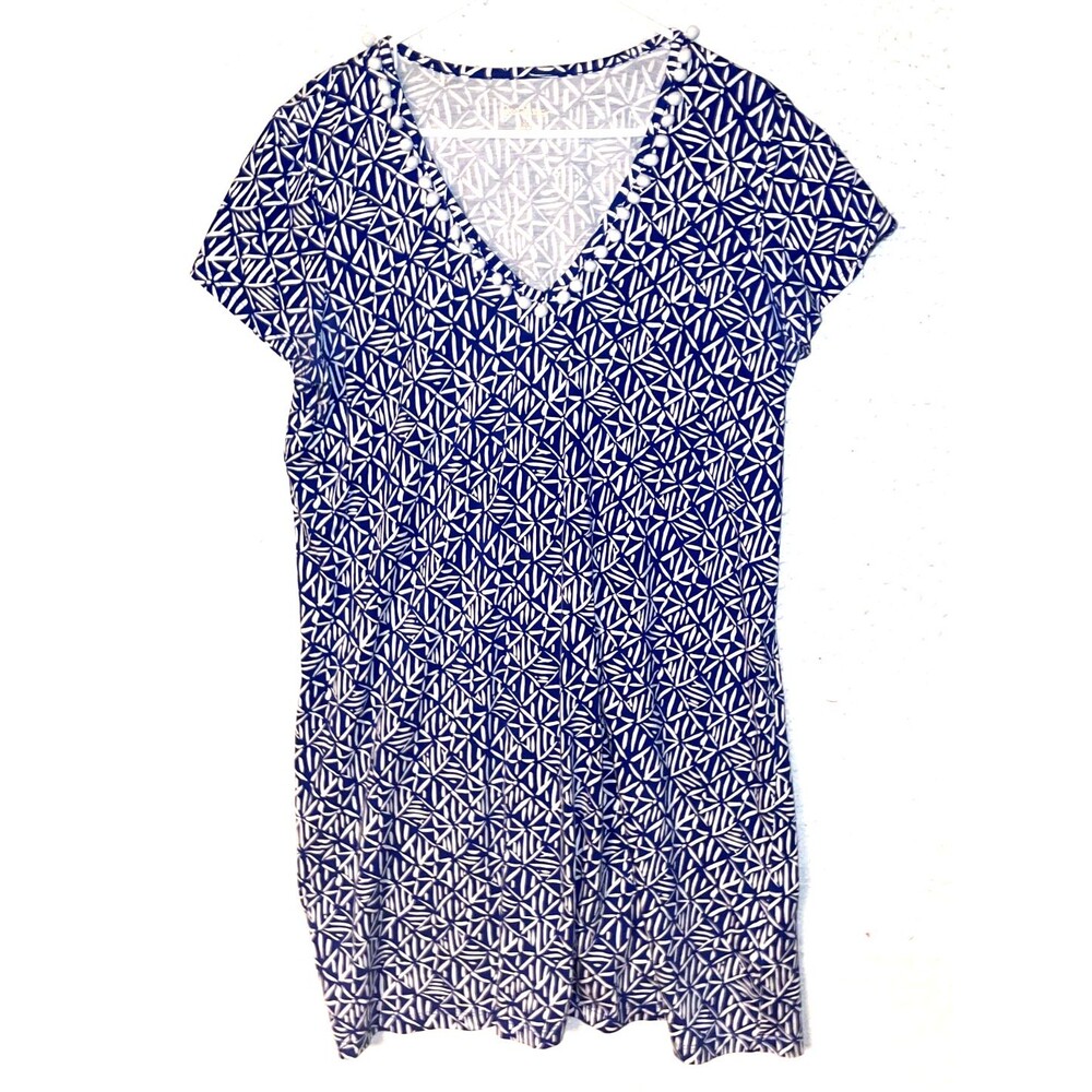Lilly Pulitzer Etta Corsica V-Neck Dress Blue White Size XL 100% pima cotton